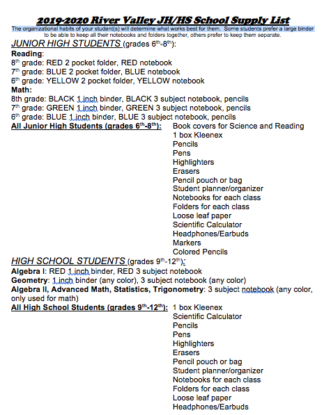 Junior Senior High Supply List