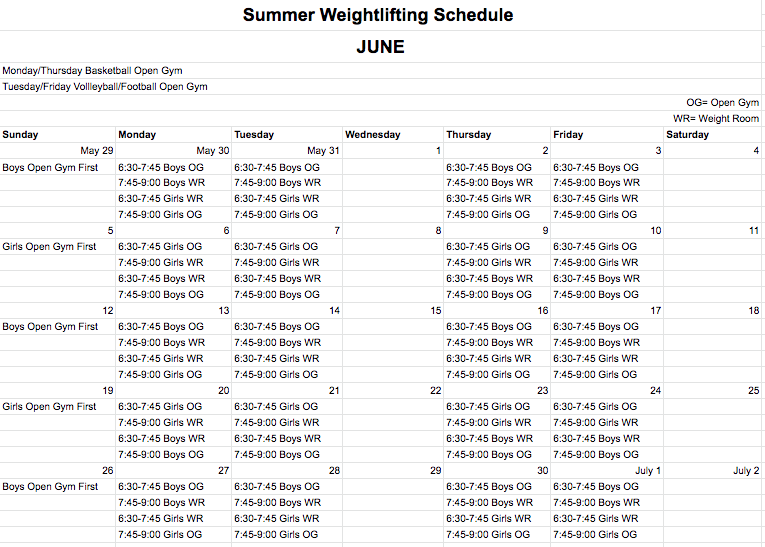 June 2022 Weightlifting Schedule